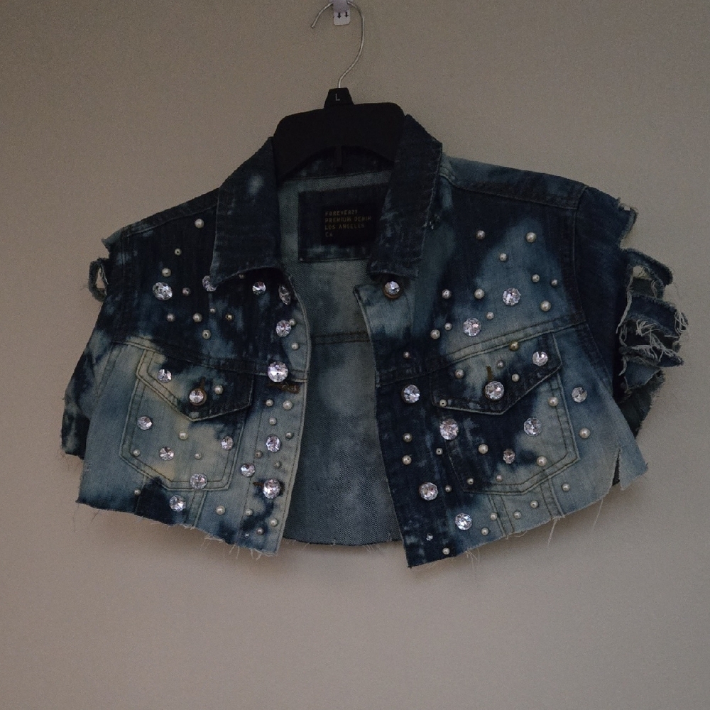 Forever 21 Blue Washed Denim Cropped Jacket with Rhinestones